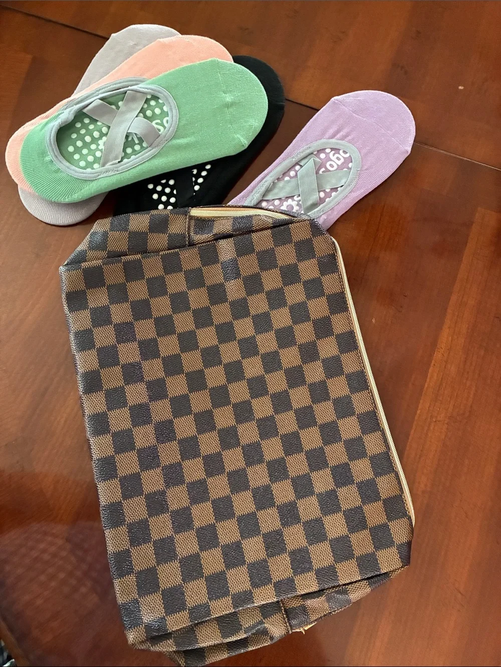 YOGA SOCKS No Show Grip Socks & Checkered Travel Bag to pack for class. ALL NEW